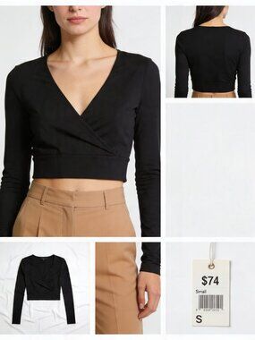 bebe Black Long Sleeve Surplice Cropped Top S NWT